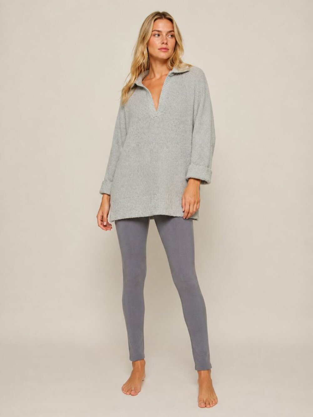 American Eagle Ribbed Johnny Collar Tunic Pullover Polo Sweater Gray #A3188